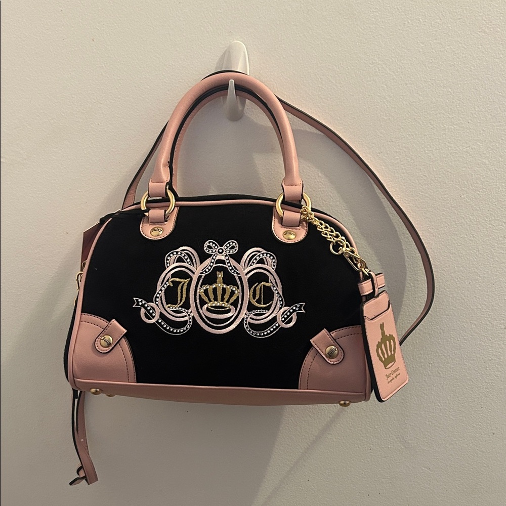 Juicy Couture Black and Blush Embroidered Crown Satchel